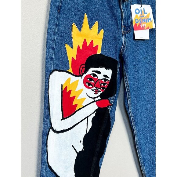 NEW TRF Zara x Ricardo Cavolo Hand Oil Painted Mom Jeans 4 + Belt Dark Wash Rare - Picture 13 of 16